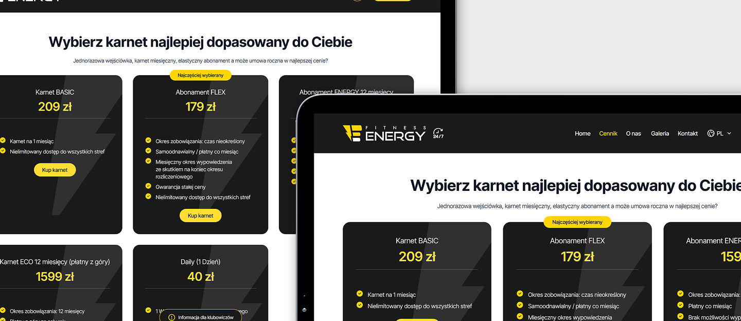 fitness energy strona internetowa z cennikiem